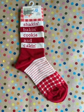 Blue Q Red & White Crew Socks with Playful Baking Text
